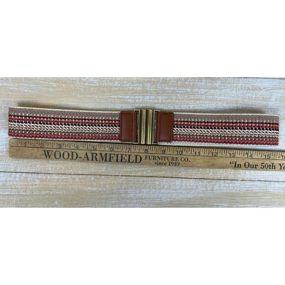 LOFT Boho Stretch Belt Brown Beige Red Stripe Elastic Band w/Faux Leather Trim - Picture 2 of 10